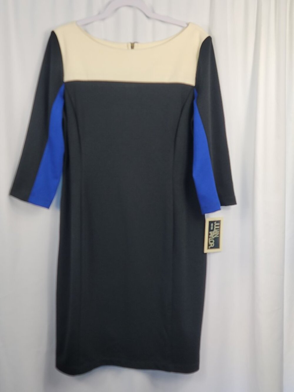 Julian Taylor Shift Dress Women's Size 16 Black, Ivory & Blue Colorblock NEW
